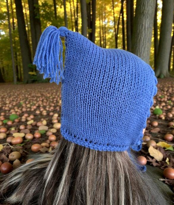 Knitted Blue Woodland Forest Pixie Hat Child Bonnet Hood Whimsy Elf Fairy Girl 5 - 10 Year Old Winter Gift HT65