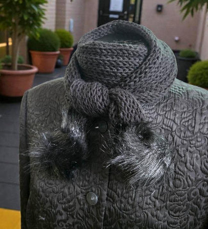 Handmade Black Knitted Scarf with PomPoms, Cosy Winter Style