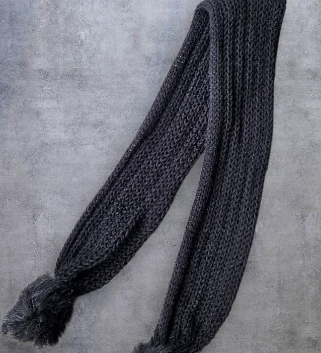 Handmade Black Knitted Scarf with PomPoms, Cosy Winter Style