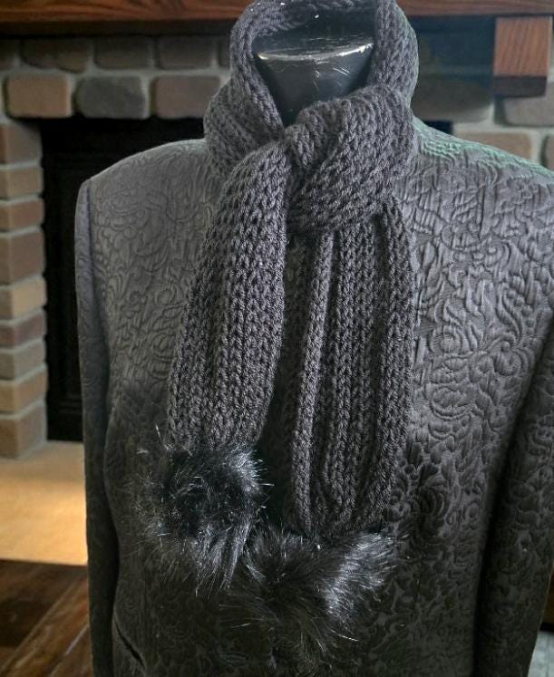 Handmade Black Knitted Scarf with PomPoms, Cosy Winter Style