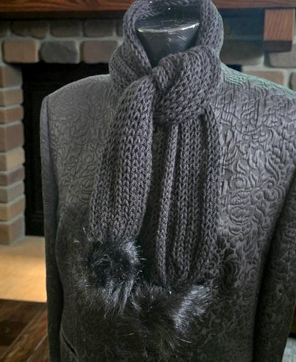 Handmade Black Knitted Scarf with PomPoms, Cosy Winter Style