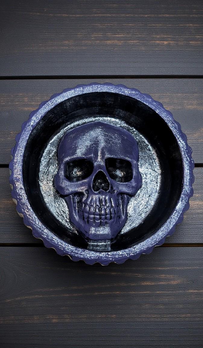 Hand Cast Skull Trinket Dish - Black & Purple Gothic Decor