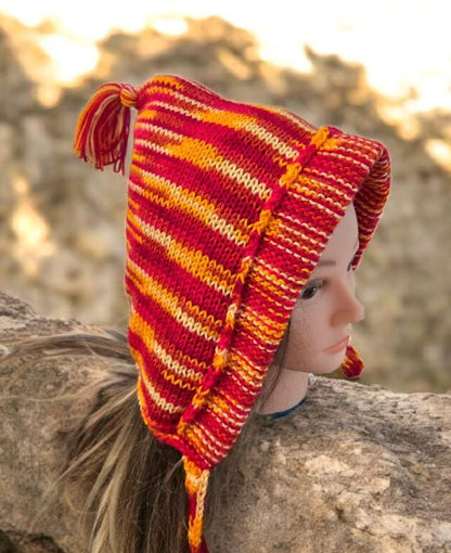 Orange Yellow Red Knitted Forest Bonnet Handmade Pixie Bow Tie Hat Woodland Adult Emo Goth Whimsy Elf Fairy Winter Gift HT70
