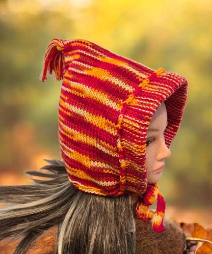 Orange Yellow Red Knitted Forest Bonnet Handmade Pixie Bow Tie Hat Woodland Adult Emo Goth Whimsy Elf Fairy Winter Gift HT70