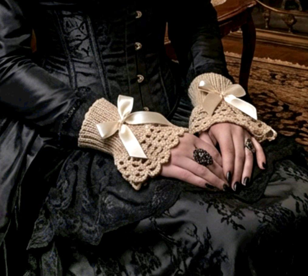 Handmade Cream Beige Knitted Lace Wrist Cuffs, Steampunk Goth Victorian W12
