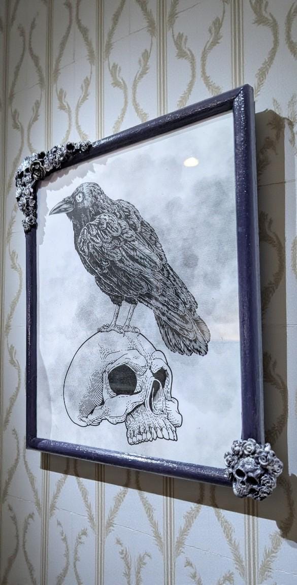 10 x 8" Purple + Silver portrait wall hanging photo picture frame. Unique Gothic skulls, roses + flowers home decor gift wedding present