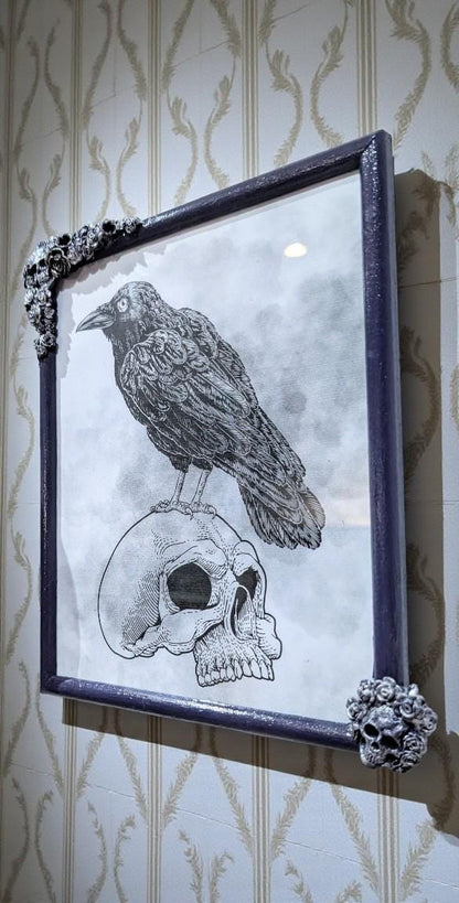 10 x 8" Purple + Silver portrait wall hanging photo picture frame. Unique Gothic skulls, roses + flowers home decor gift wedding present