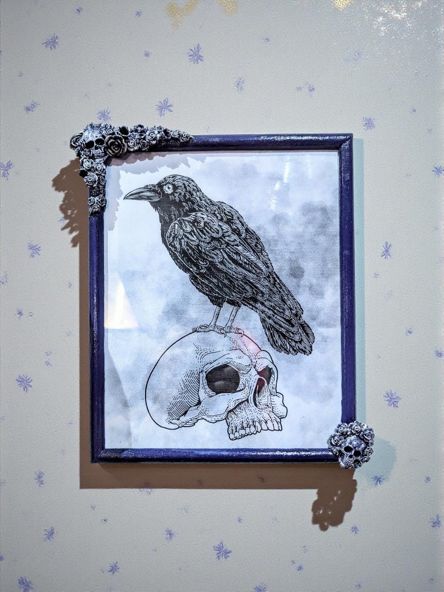 10 x 8" Purple + Silver portrait wall hanging photo picture frame. Unique Gothic skulls, roses + flowers home decor gift wedding present