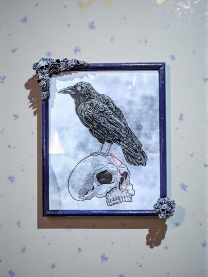 10 x 8" Purple + Silver portrait wall hanging photo picture frame. Unique Gothic skulls, roses + flowers home decor gift wedding present