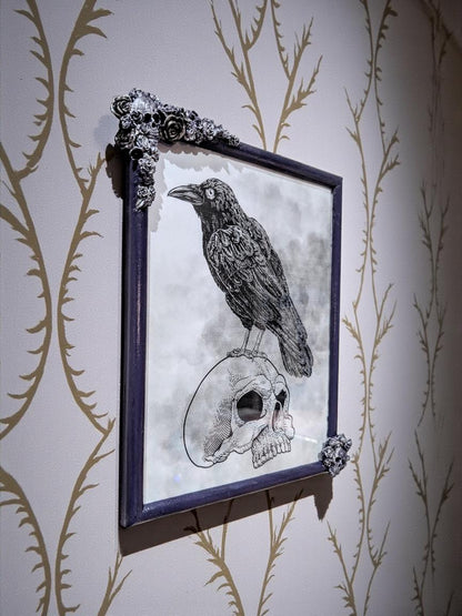 10 x 8" Purple + Silver portrait wall hanging photo picture frame. Unique Gothic skulls, roses + flowers home decor gift wedding present