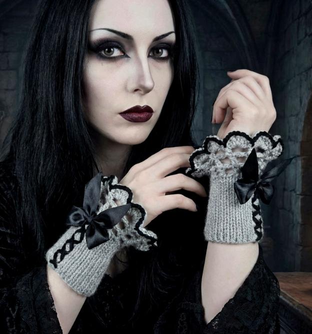 Handmade Grey Black Knitted Lace Wrist Cuffs, Steampunk Goth Victorian W13