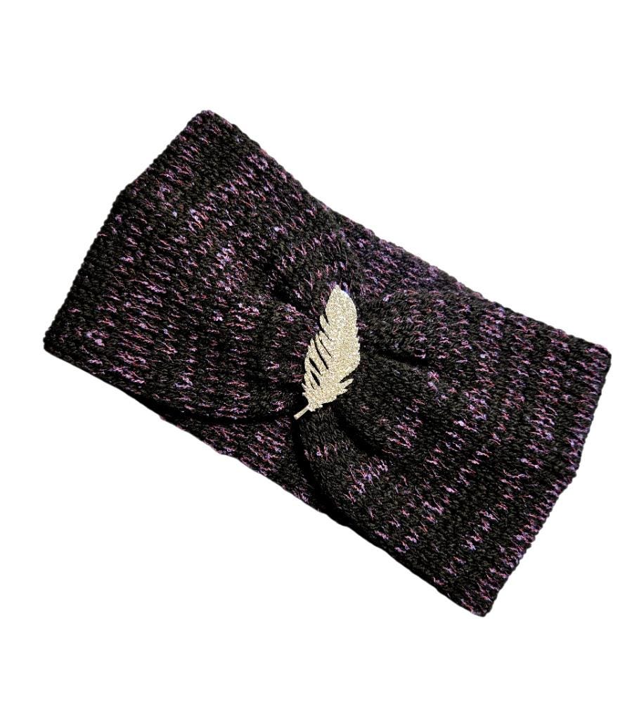 Handmade Knitted Snood: Black & Purple, Diamante Brooch