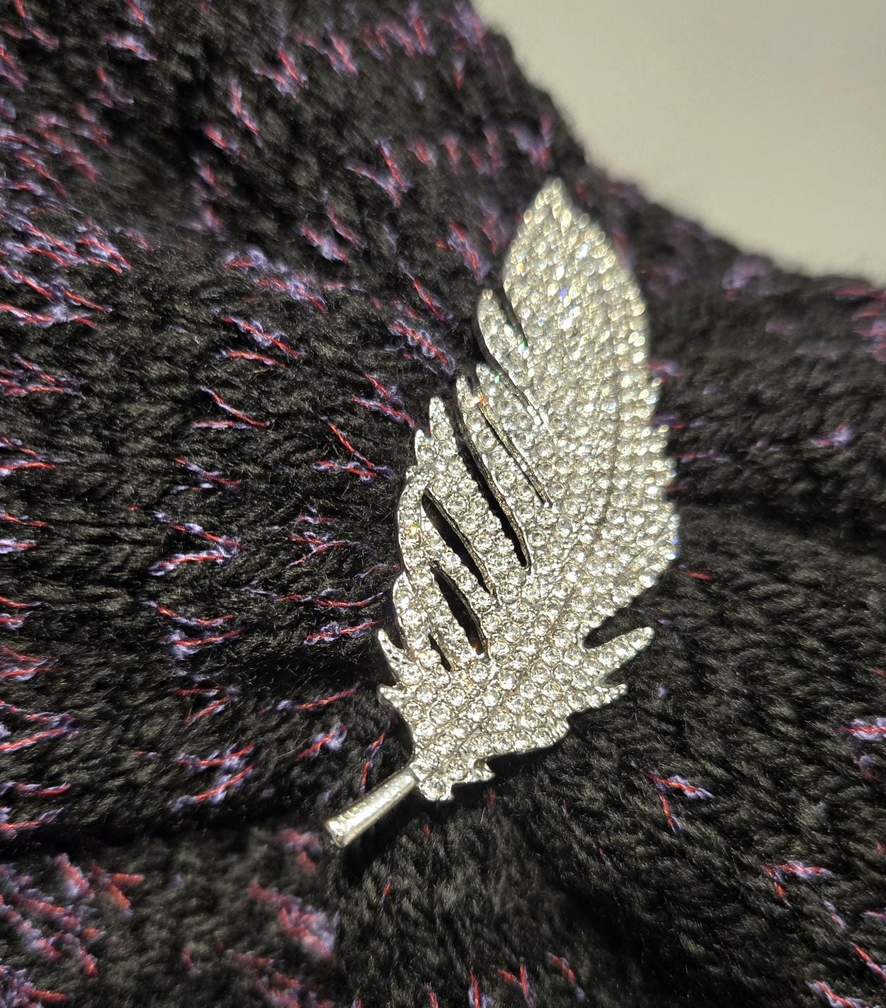 Handmade Knitted Snood: Black & Purple, Diamante Brooch