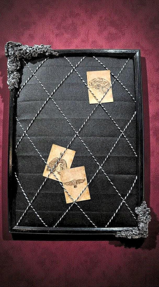 Small Gothic inspired portrait memo letter notice pin board. Unique home office bar decor Blackened silver crow skulls + roses.