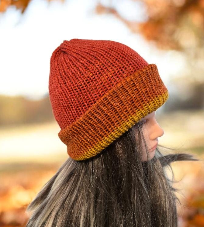 Knitted Beanie Hat Russet Orange Mustard Handmade Adult Woodland Winter Gift HT74