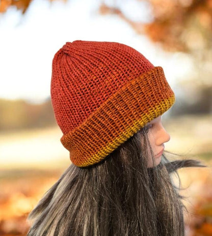 Knitted Beanie Hat Russet Orange Mustard Handmade Adult Woodland Winter Gift HT74