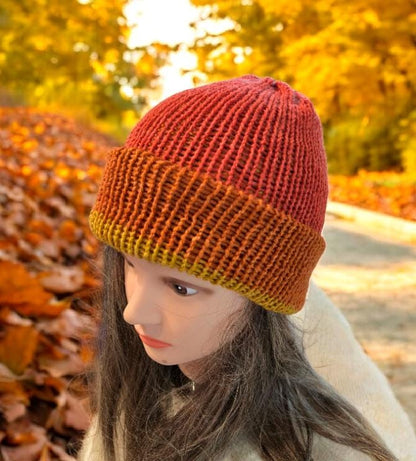 Knitted Beanie Hat Russet Orange Mustard Handmade Adult Woodland Winter Gift HT74