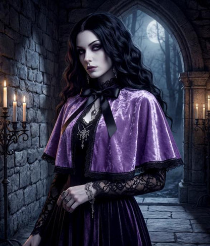 Lilac Purple Velvet Capelet, Black Lace Trim - Victorian Steampunk Costume CP63