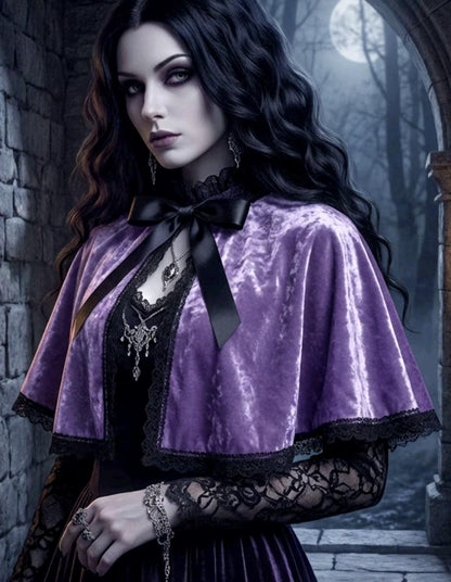 Lilac Purple Velvet Capelet, Black Lace Trim - Victorian Steampunk Costume CP63