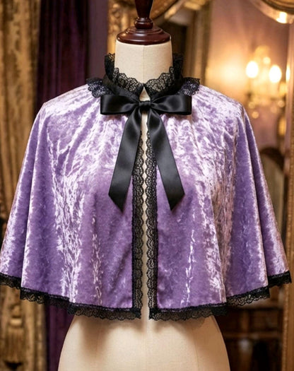 Lilac Purple Velvet Capelet, Black Lace Trim - Victorian Steampunk Costume CP63