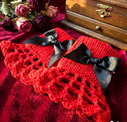Handmade Red Knitted Lace Wrist Cuffs With Black Bows, Steampunk Goth Victorian