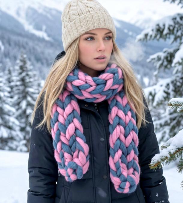 Super Chunky Scarf Mammoth Wool Charcoal Grey & Pink Cosy Cowl Free Size NK9