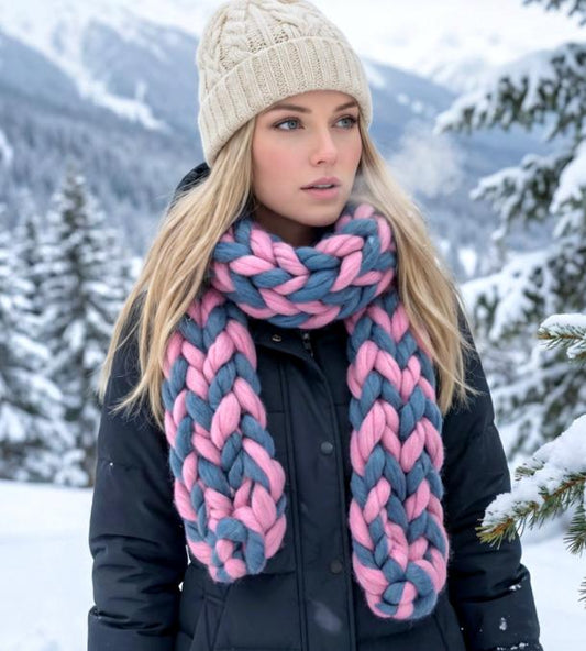 Super Chunky Scarf Mammoth Wool Charcoal Grey & Pink Cosy Cowl Free Size NK9