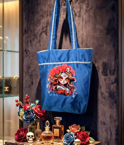 Handmade Blue Large Tote Bag With Skull Design - Fully Lined Shopper Shoulder BA7