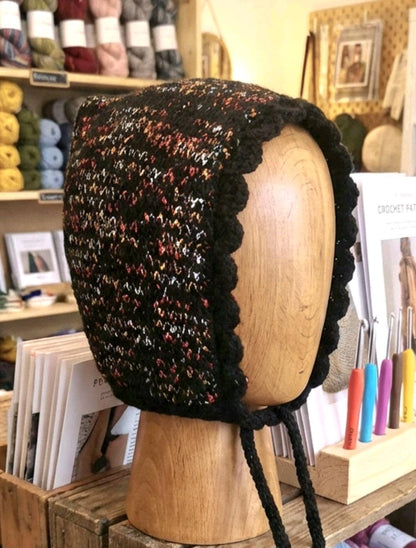 Handmade Black Orange Knitted Pixie Bonnet: Adult Woodland Tie Hat
