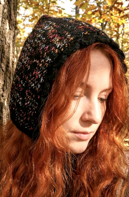 Handmade Black Orange Knitted Pixie Bonnet: Adult Woodland Tie Hat