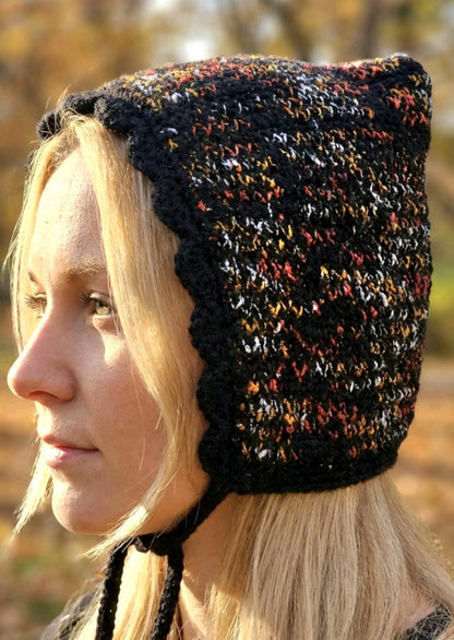 Handmade Black Orange Knitted Pixie Bonnet: Adult Woodland Tie Hat
