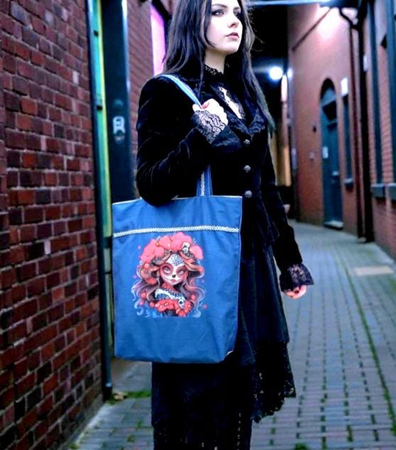 Handmade Blue Large Tote Bag With Skull Design - Fully Lined Shopper Shoulder BA7