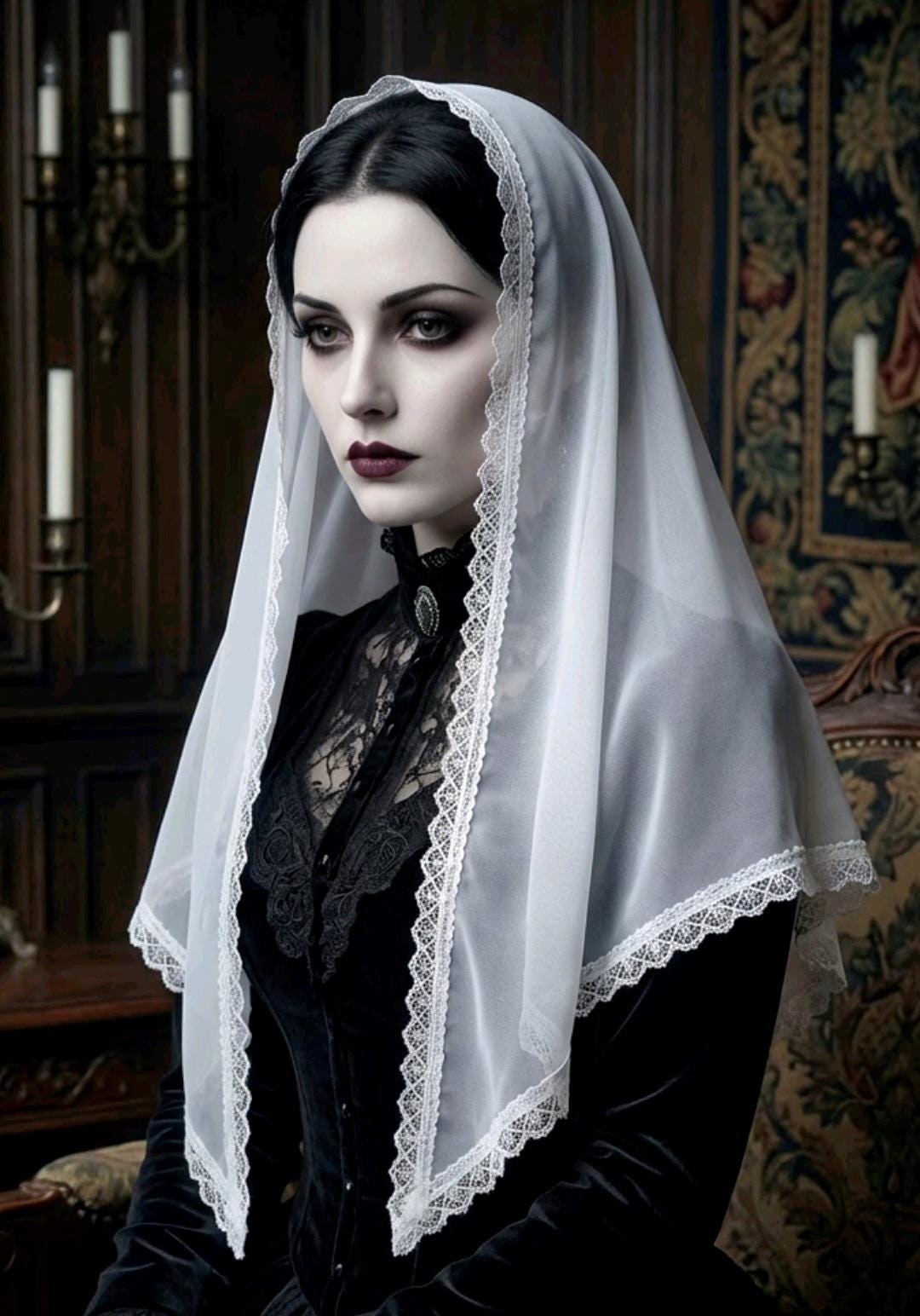 Ivory Chiffon & Lace Veil Long Mantilla Victorian Catholic Gothic Bride Costume