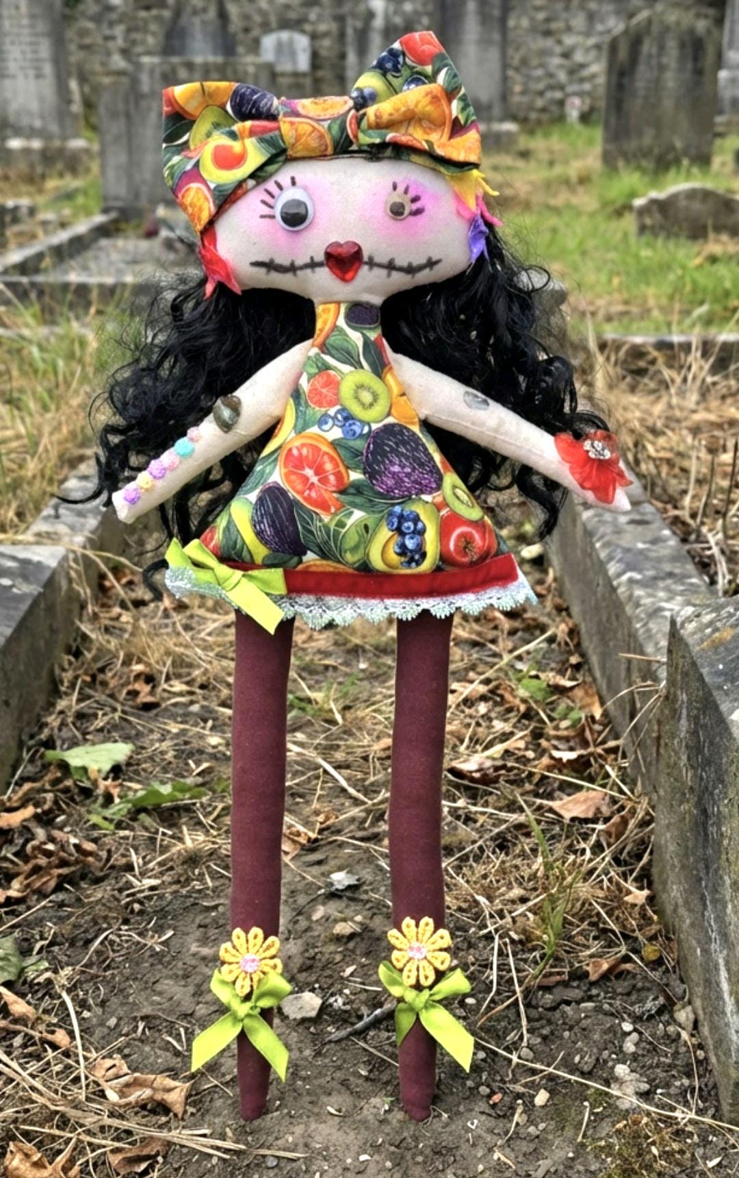 Gothic Art Doll: 38cm Handmade Creepy Ragdoll, Fruit Dress, Boxed