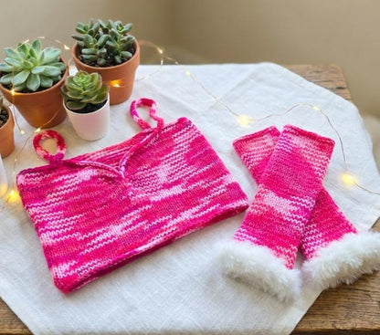 Knitted Emo Vest Top & Fingerless Gloves Set White Pink Size 8 - 12 Punk VS4