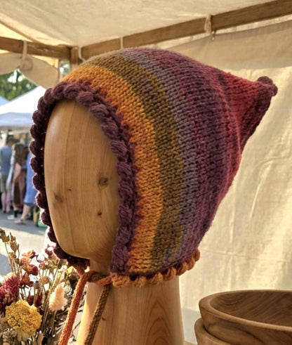 Handmade Knitted Pixie Bonnet: Adult Woodland Tie Hat Rainbow