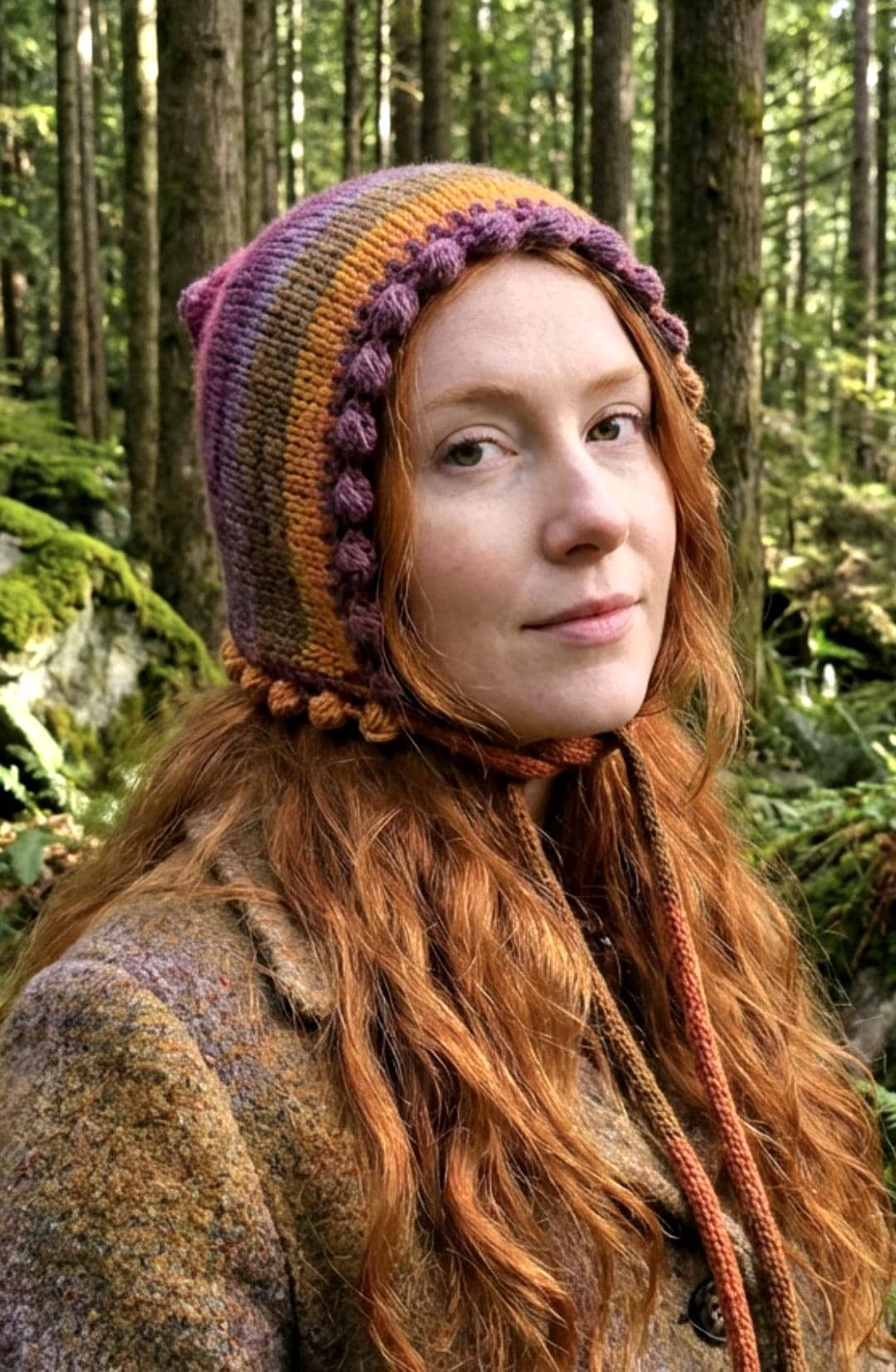 Handmade Knitted Pixie Bonnet: Adult Woodland Tie Hat Rainbow