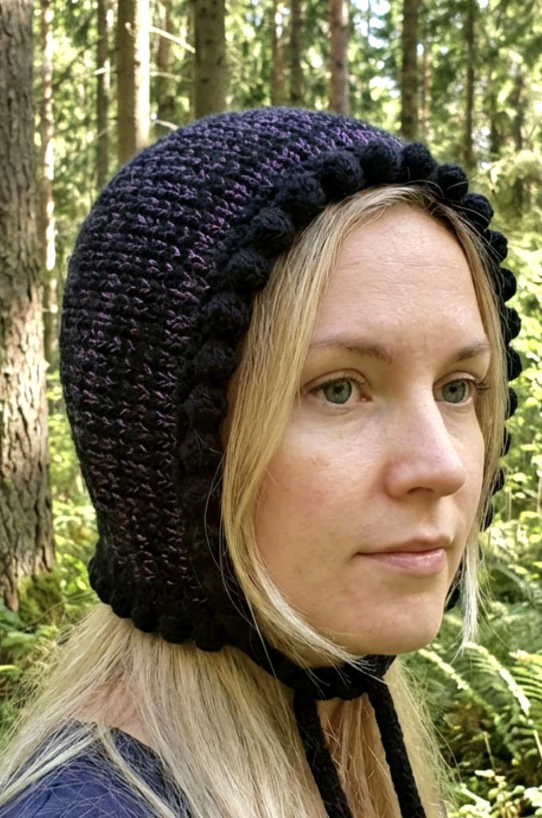 Handmade Black Purple Knitted Pixie Bonnet: Adult Woodland Tie Hat