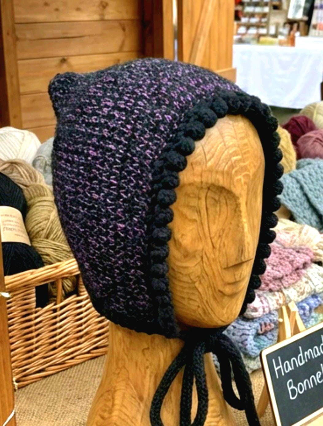 Handmade Black Purple Knitted Pixie Bonnet: Adult Woodland Tie Hat