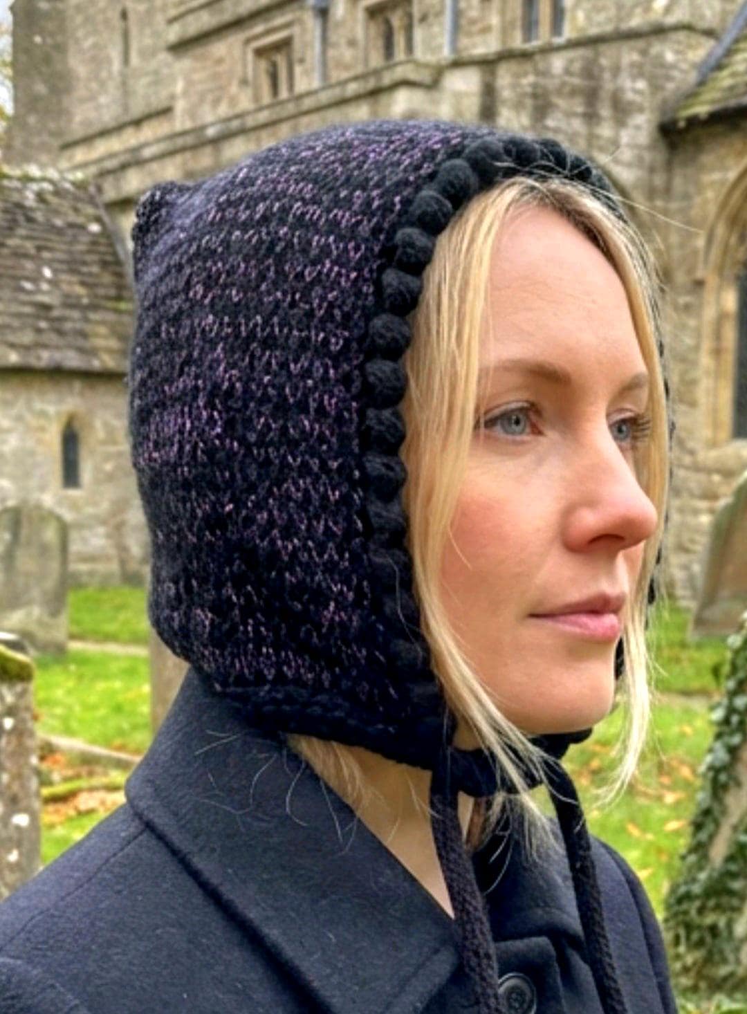 Handmade Black Purple Knitted Pixie Bonnet: Adult Woodland Tie Hat