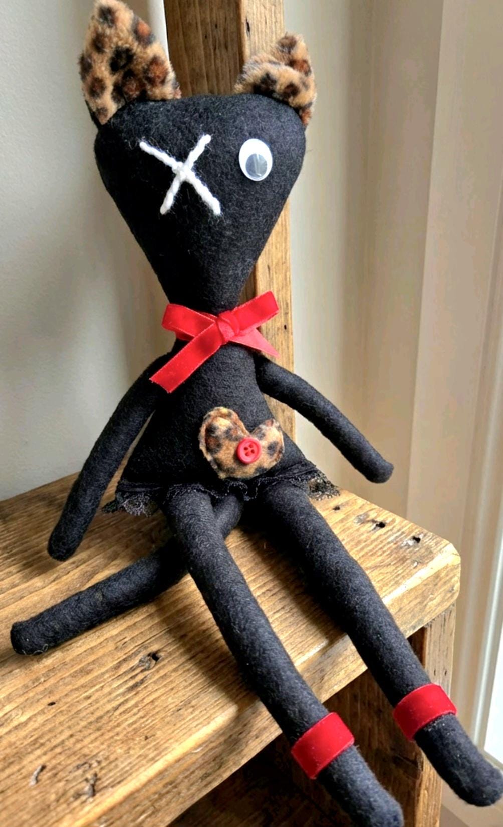 Gothic Art Doll Black Cat : 35cm Handmade Creepy Ragdoll, Leopard Heart, Boxed