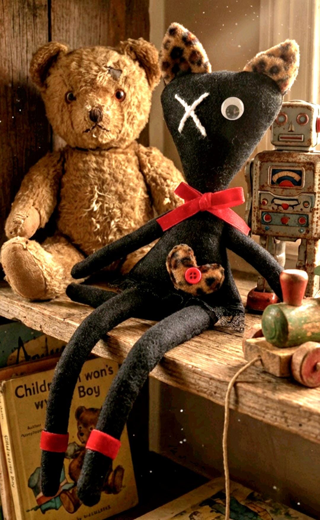 Gothic Art Doll Black Cat : 35cm Handmade Creepy Ragdoll, Leopard Heart, Boxed