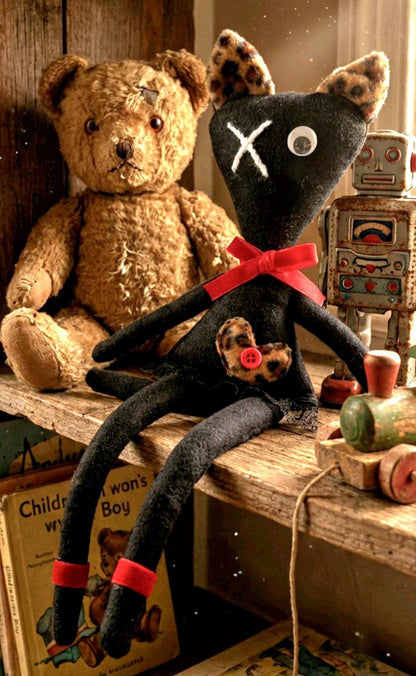 Gothic Art Doll Black Cat : 35cm Handmade Creepy Ragdoll, Leopard Heart, Boxed