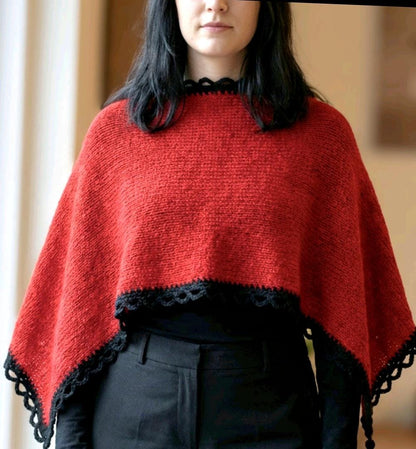 Knitted Red Black Cape Poncho Victorian Steampunk Whitby Gothic Theatre Costume