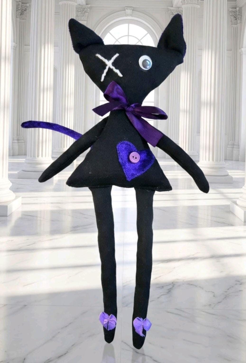 Gothic Art Doll Black Cat : 38cm Handmade Creepy Ragdoll, Purple Heart, Boxed