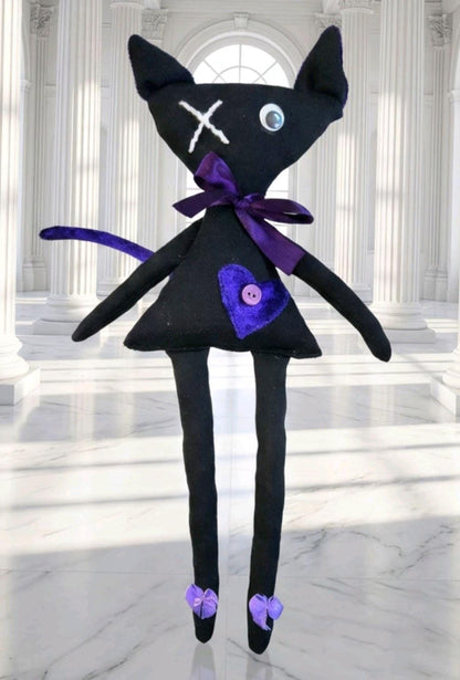 Gothic Art Doll Black Cat : 38cm Handmade Creepy Ragdoll, Purple Heart, Boxed