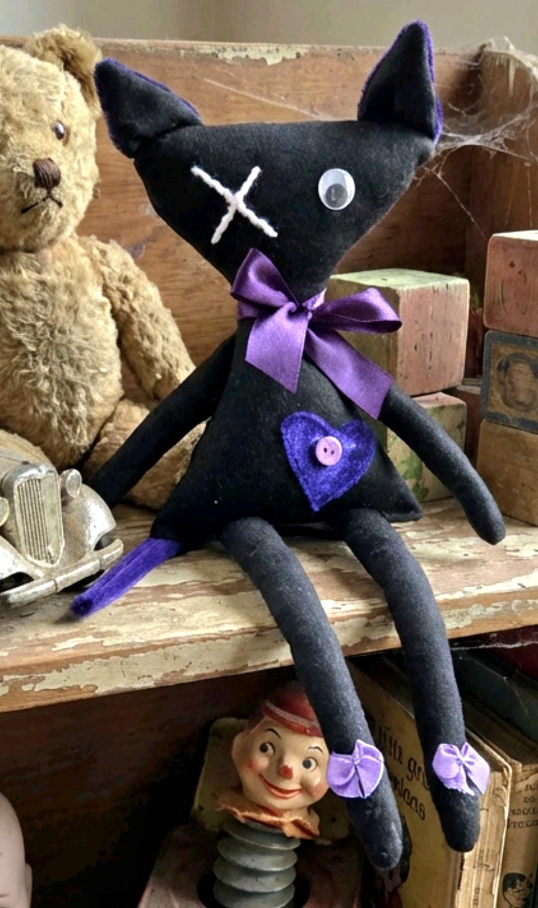 Gothic Art Doll Black Cat : 38cm Handmade Creepy Ragdoll, Purple Heart, Boxed