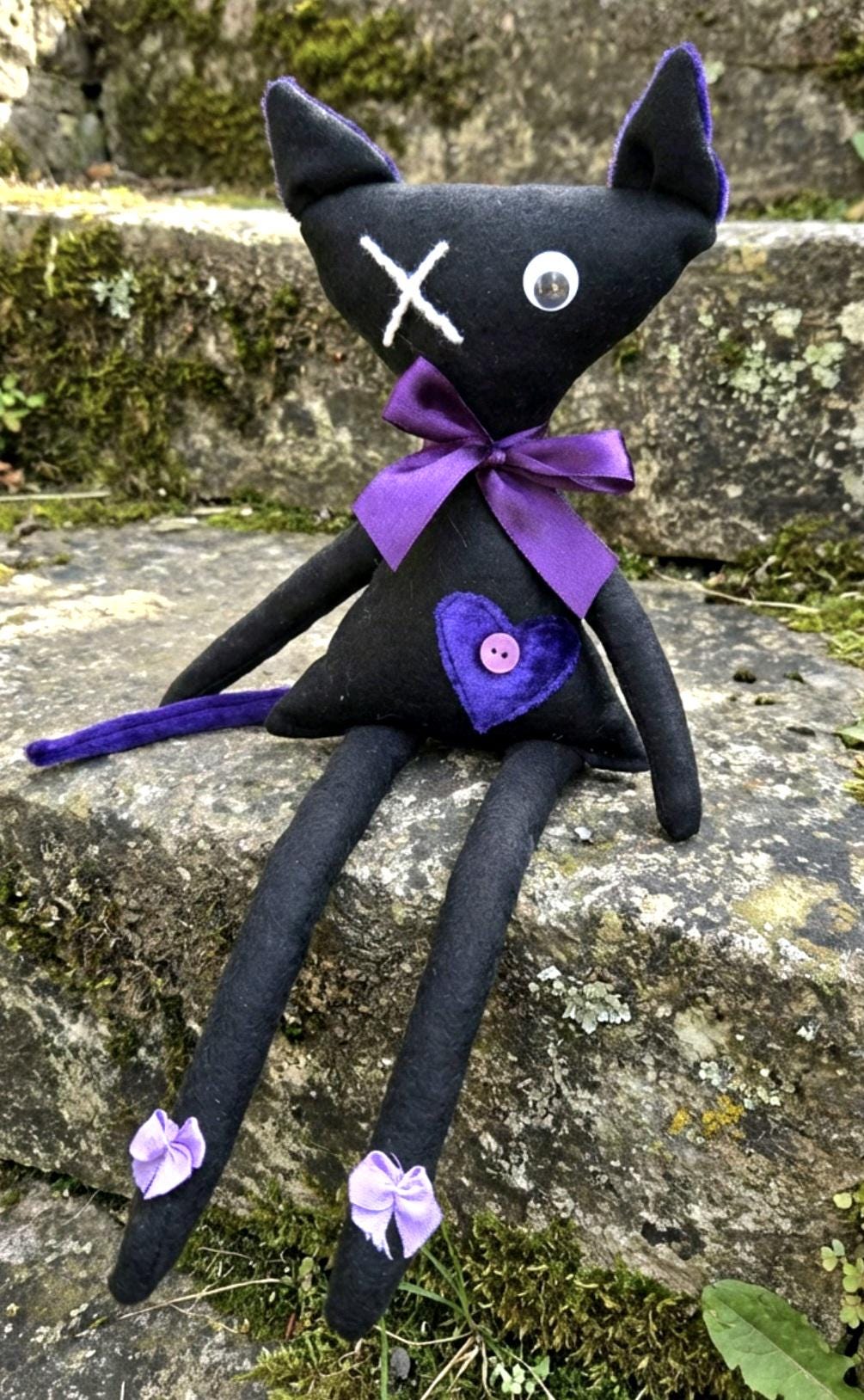 Gothic Art Doll Black Cat : 38cm Handmade Creepy Ragdoll, Purple Heart, Boxed