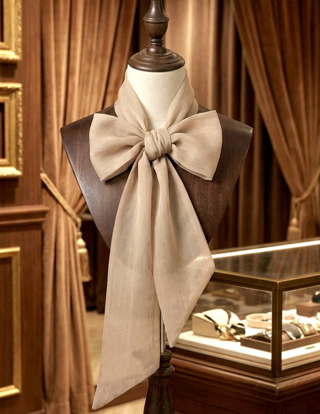 Taupe Beige Crush Voile Cravat Bow Scarf - Steampunk, Victorian, Edwardian Gothic Costume