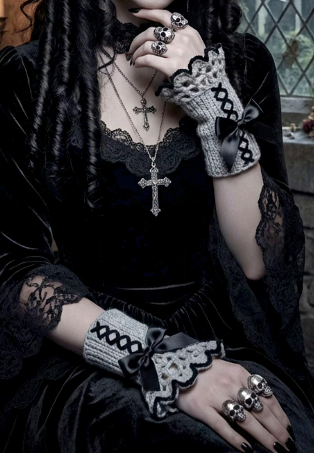 Handmade Grey Black Knitted Lace Wrist Cuffs, Steampunk Goth Victorian W13